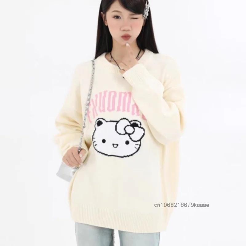 Sanrio Hello Kitty Spring Autumn New Cartoon Sweater Female Academy Style Versatile Loose Clothes Cute Sweet Y2k Girl Trendy Top