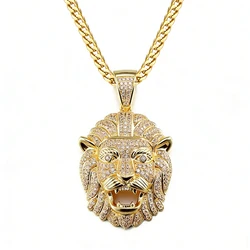 VANAXIN Lion Head Necklaces Pendants for Men Hip Hop Cubic Zircons Iced Out Punk 14k Gold Color Jewelry