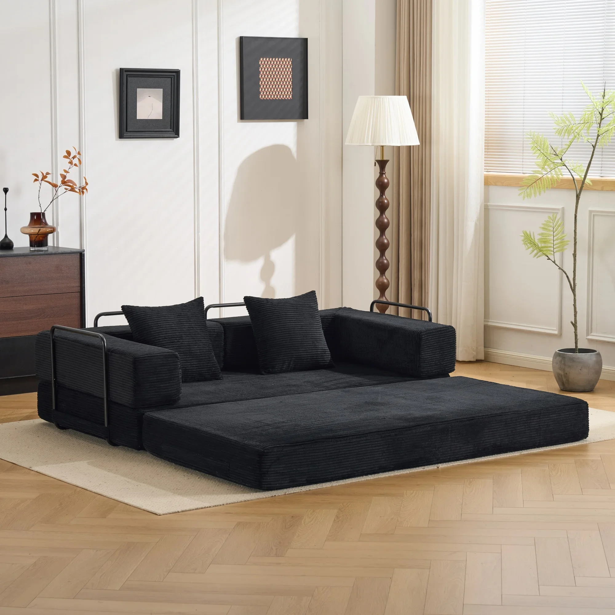 Divano letto pieghevole in velluto a coste nero, divano futon trasformabile da pavimento, divano comodo in schiuma ad alta densità, materasso multifunzionale per ospiti, facile da montare, ideale per