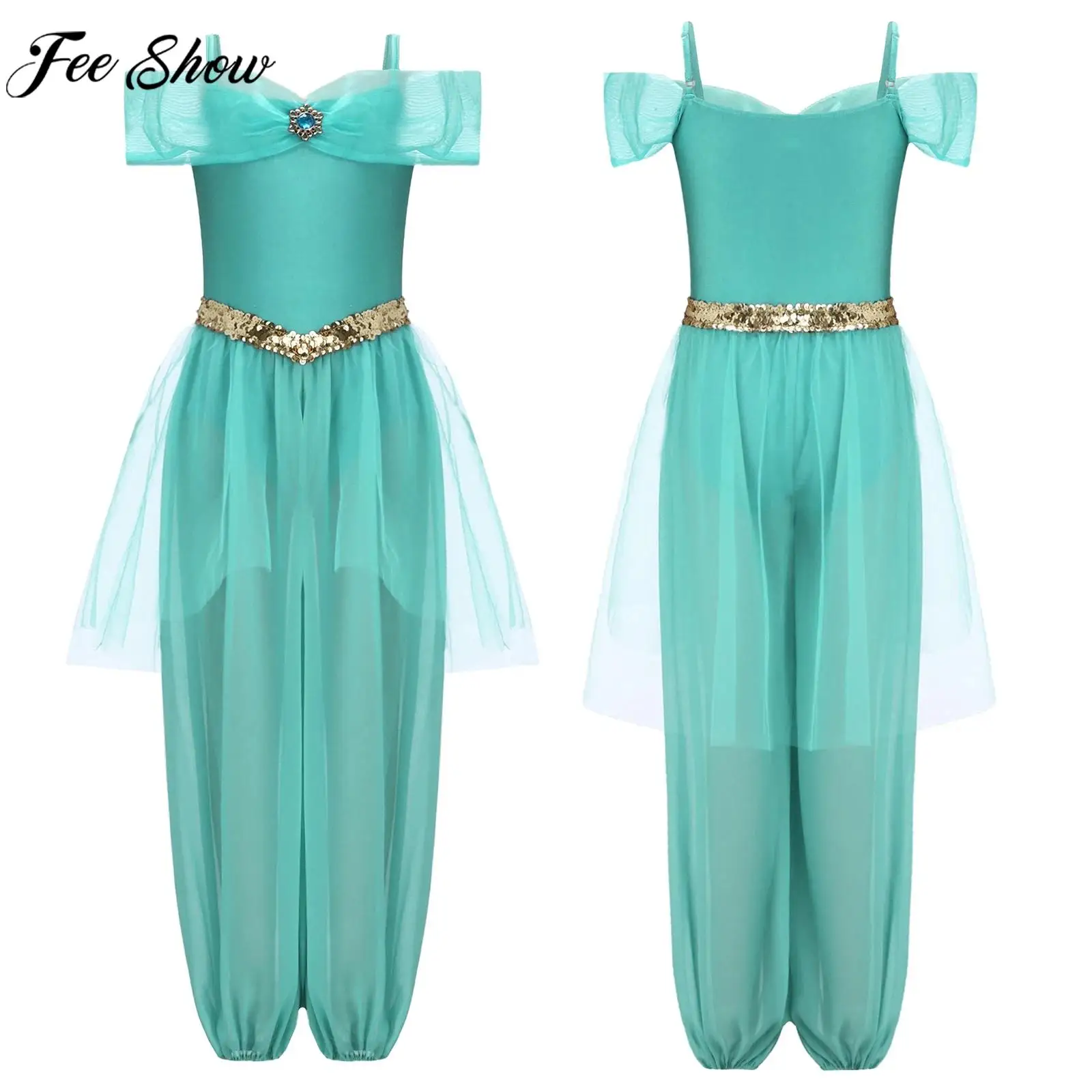 Kids Girls Halloween Arabian Princess Cosplay Costume Sequin Mesh Overlay Jumpsuit Carnival Theme Party Belly Dance Clothes