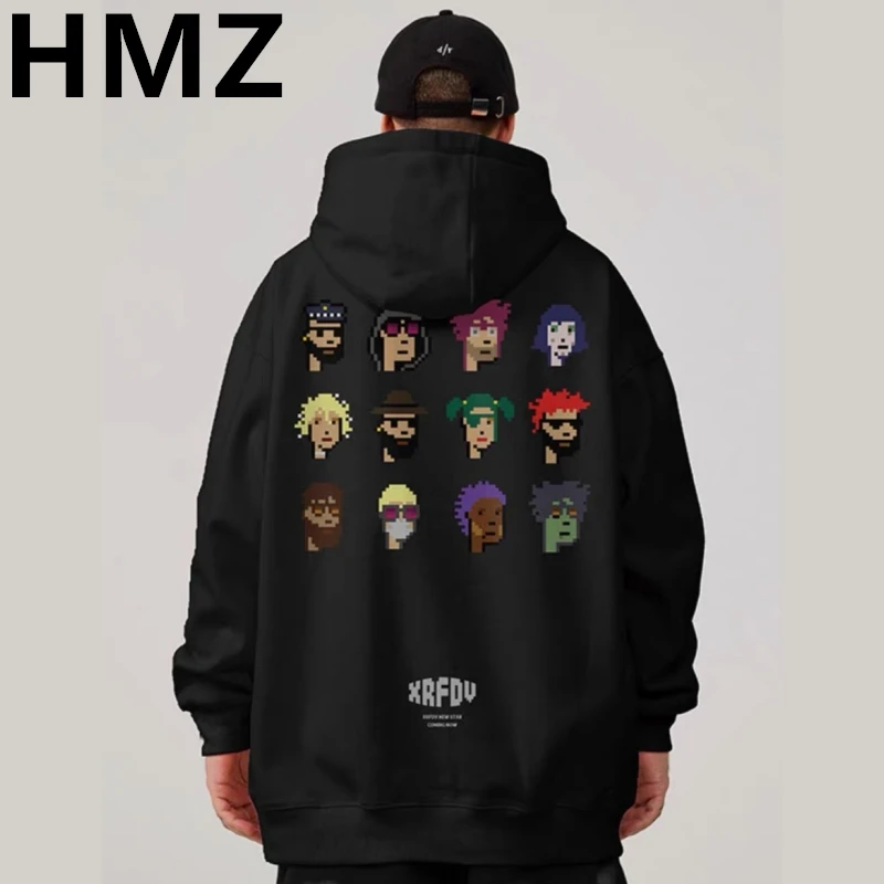 

HMZ Vintage Mens Hoodie Sweatshirt Y2K Hip Hop Many Pixel Mosaic Avatars Patch Hooded Streetwear Harajuku Punk Gothic Pullover