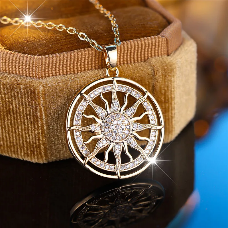 Female Crystal White Zircon Stone Pendant Necklace Vintage Big Sunflower Wedding Jewelry For Women