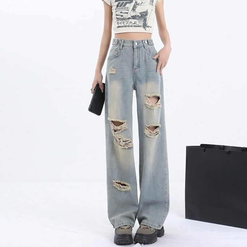 

Женские потертые широкие прямые джинсы, элегантный женский стиль, модные модные универсальные облегающие джинсовые брюки, облегающие ноги