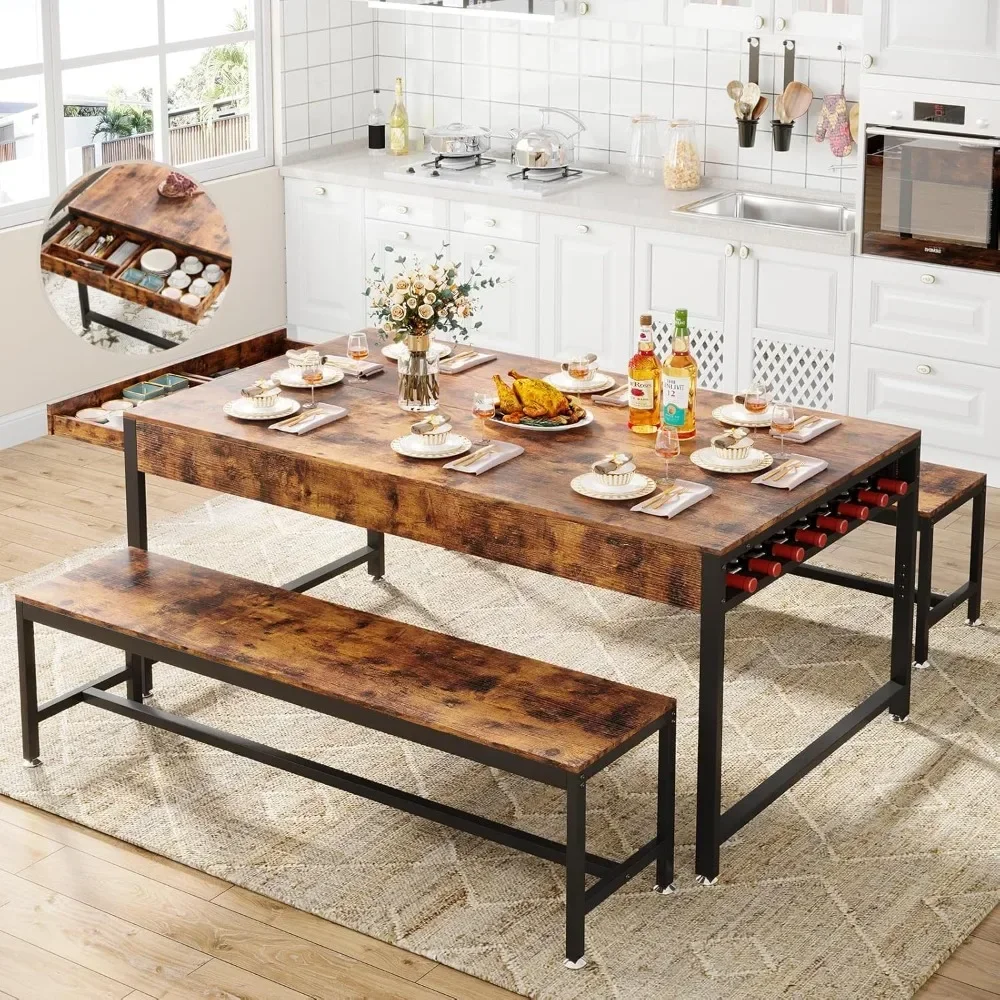 Conjunto de mesa de jantar de 63" para 4-6 com 2 gavetas de utensílio, 2 bancos e rack de vinho, com estrutura de metal e placa de MDF