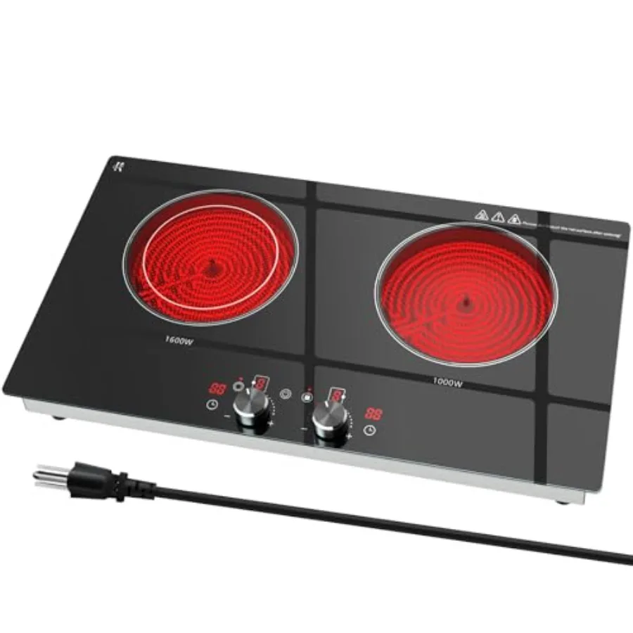 

2 Burner Electric Cooktop for kitchen countertop built-in installation ceramic glass black 1800W knob control with safety lock