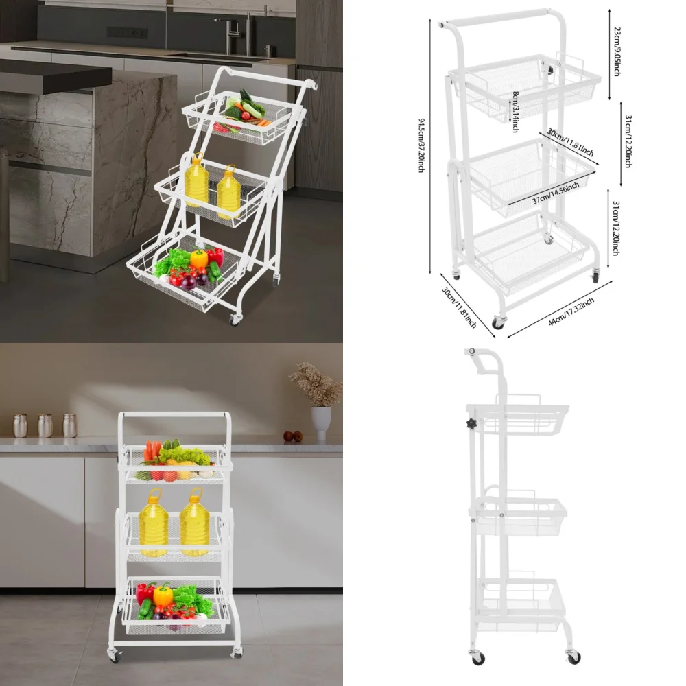 

3 Tier Rolling Cart with Adjustable Shelves Metal Storage Trolley for Kitchen Bathroom Office Space Saving Utility Cart White
