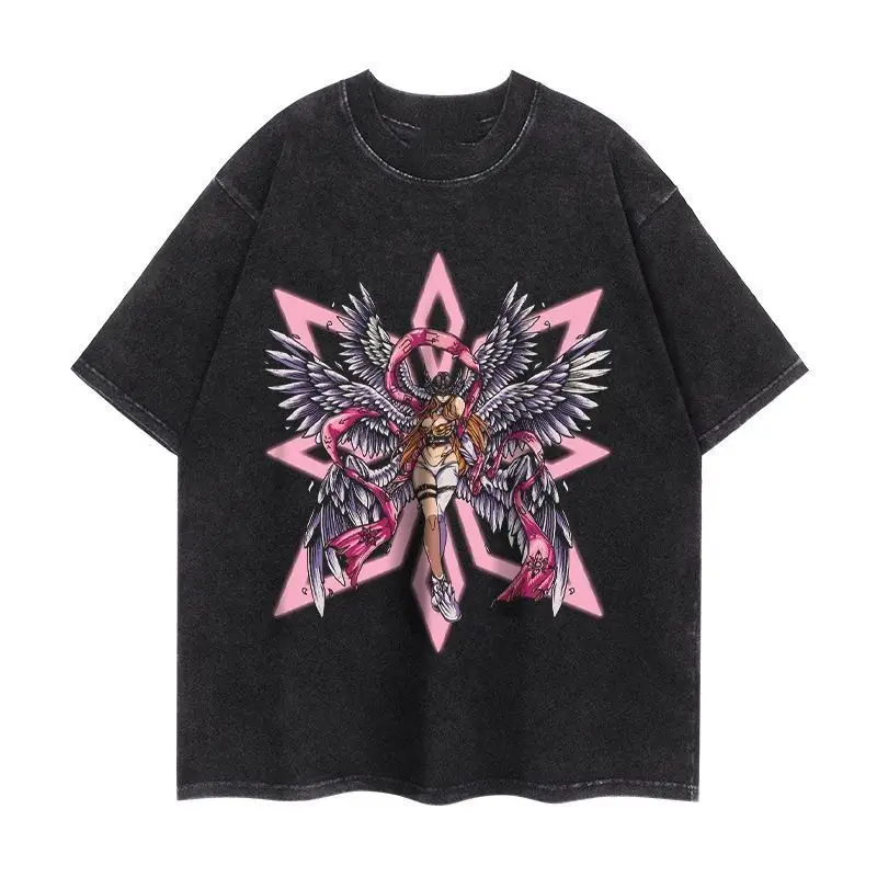 

Футболка мужская Digimon Adventure Taichi Kamiya & Wargreymon Fiery Burst Vintage Wash Print, черная, оверсайз, лето 2026, аниме