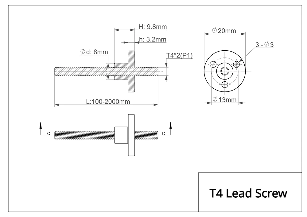 CNC 3D Printer Trapezoidal Screw Rod T4 Lead Screw Thread 4mm Lead 1mm 2mm Length 100mm 150mm 200mm 250mm with Brass Nut