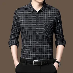 Fashion Men Vintage Long Sleeve Plaid Shirt Spring Autumn New Male Clothes Pocket Lapel Korean Business Loose Cotton Tops 2023