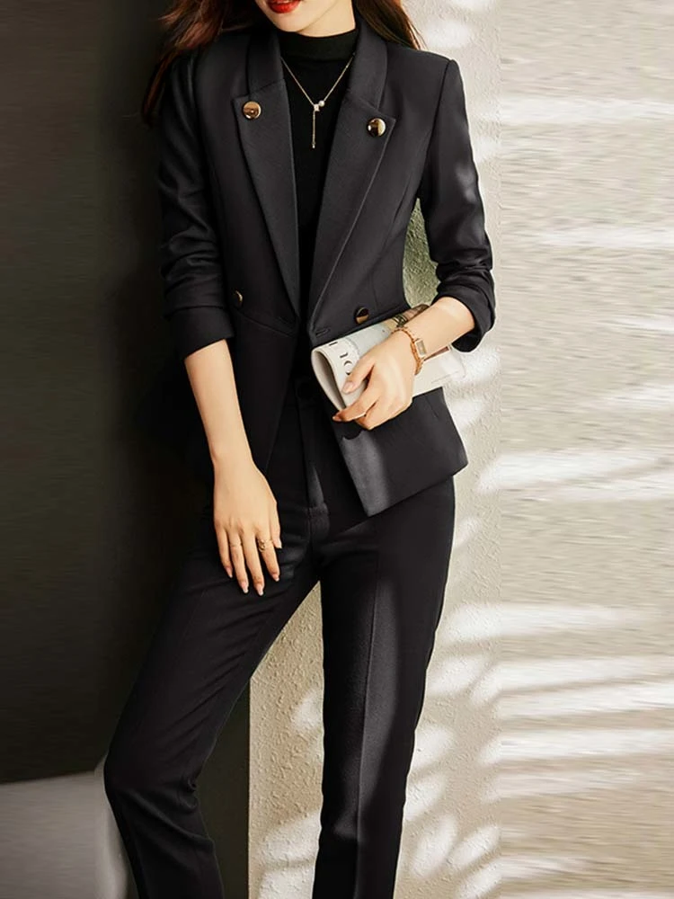 Solid Two Piece Sets Womens Outifits 2024 Office Ladies Double Breasted Silm Blazer Casual Office Lady Pants Suits