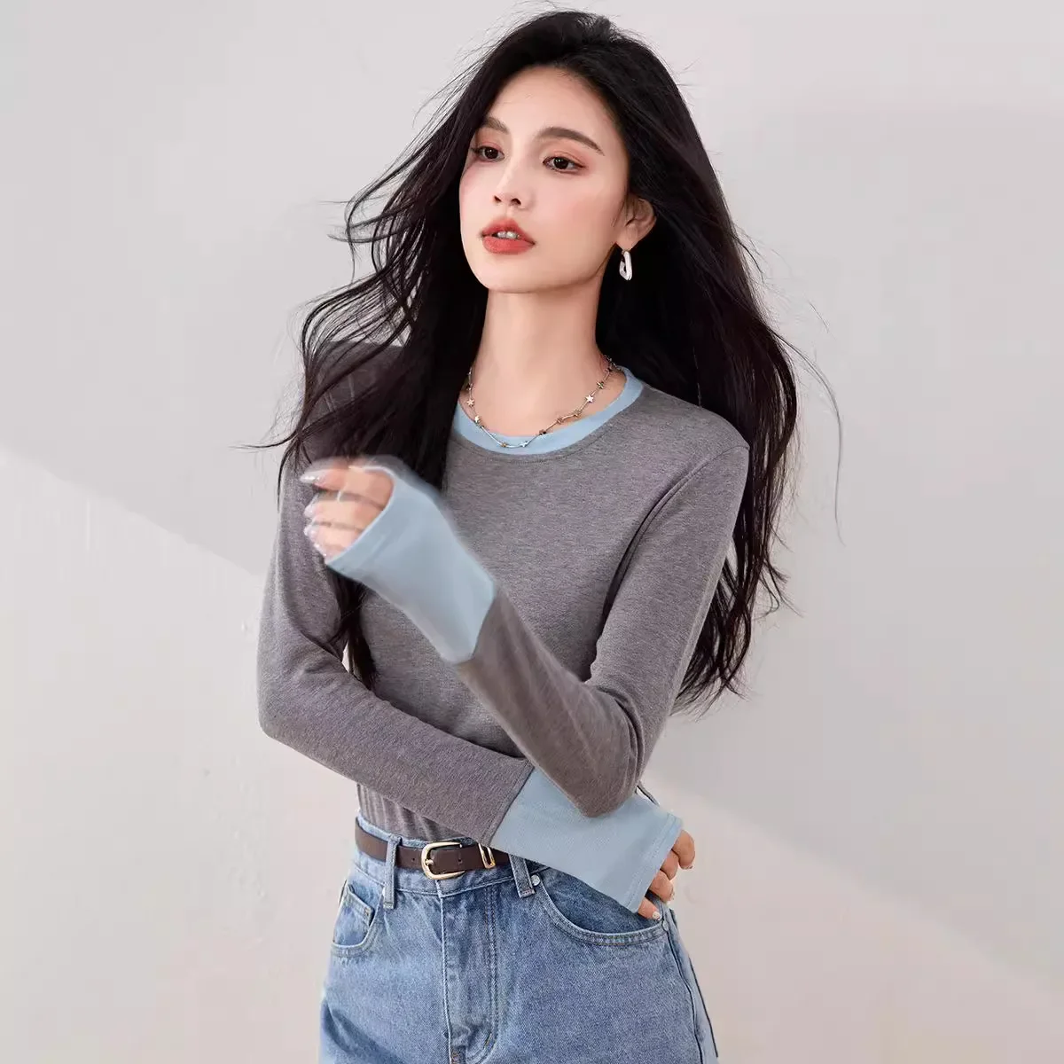 Two-piece Illusion Elastic Slim Fit Long Sleeve T-shirt Niche Color Block Cold Tone Base Layer Top For Women Crew Neck Design