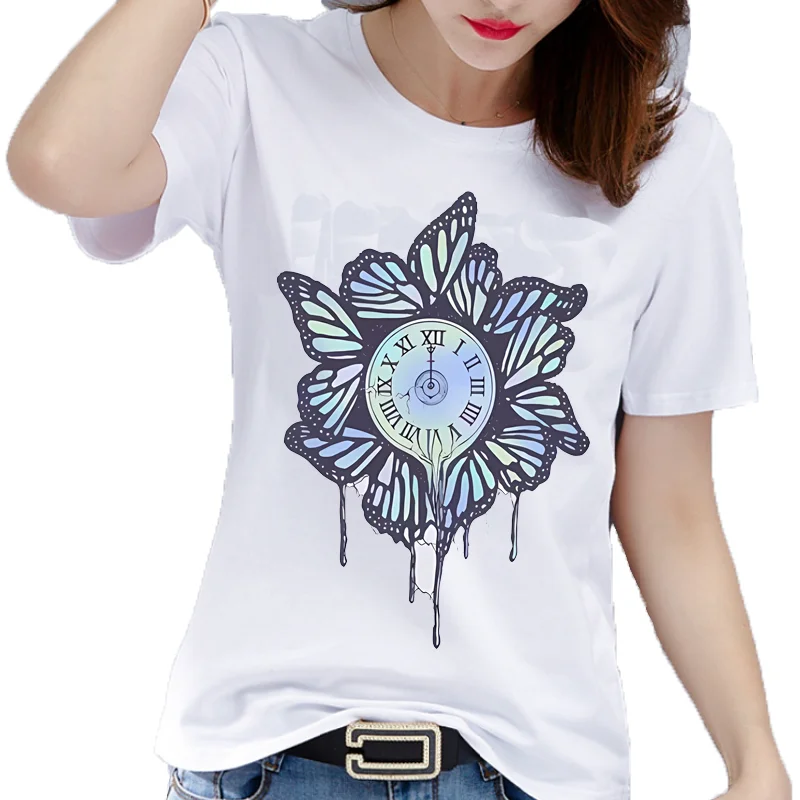 Women's Floral Butterfly Cartoon Print Oversized T-shirt Fashion Exquisite Summer Top Girls' Clothes Polyester fabric