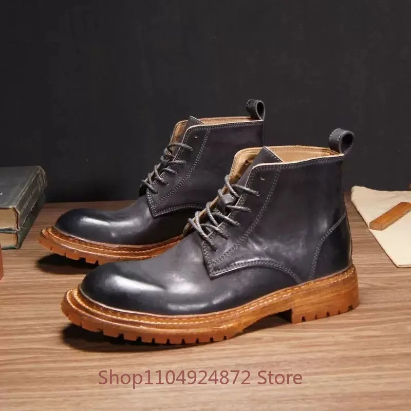 Handmade Spring Autumn Lace Up Thick Sole Washed Work Boots Men's Shoes Outdoor Walking Genuine Leather High Top Male Youth