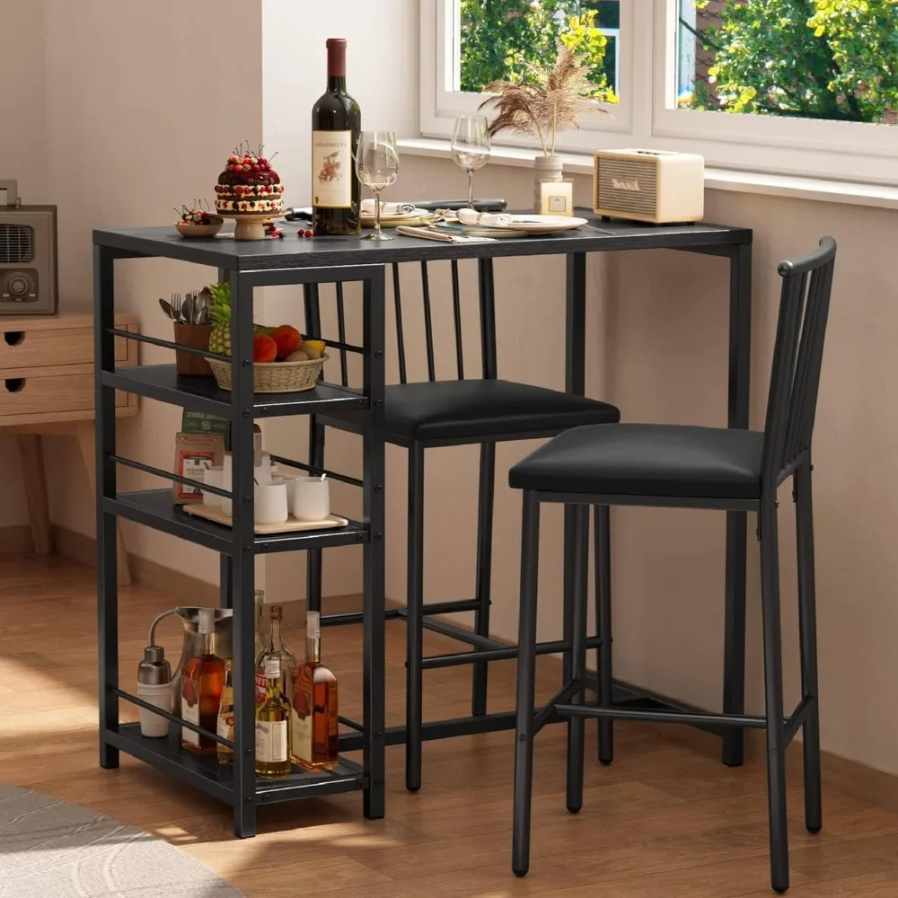 

Dining Table Set for 2 with 3 Storage Shelves, 2 with Pu Cushion Chairs & Thick Wood Top,3 Piece Dining Table Set