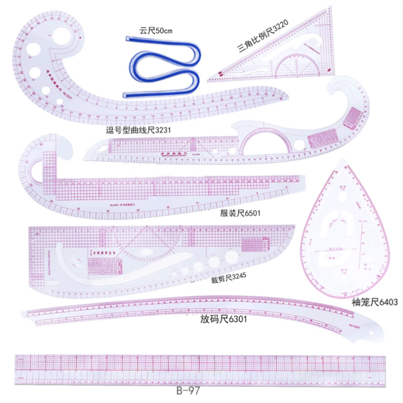 9/6/5Pcs Ruler Tailor Measuring Kit Clear Sewing Drawing Ruler Yardstick Sleeve Arm French Curve Set Cutting Ruler Paddle Wheel