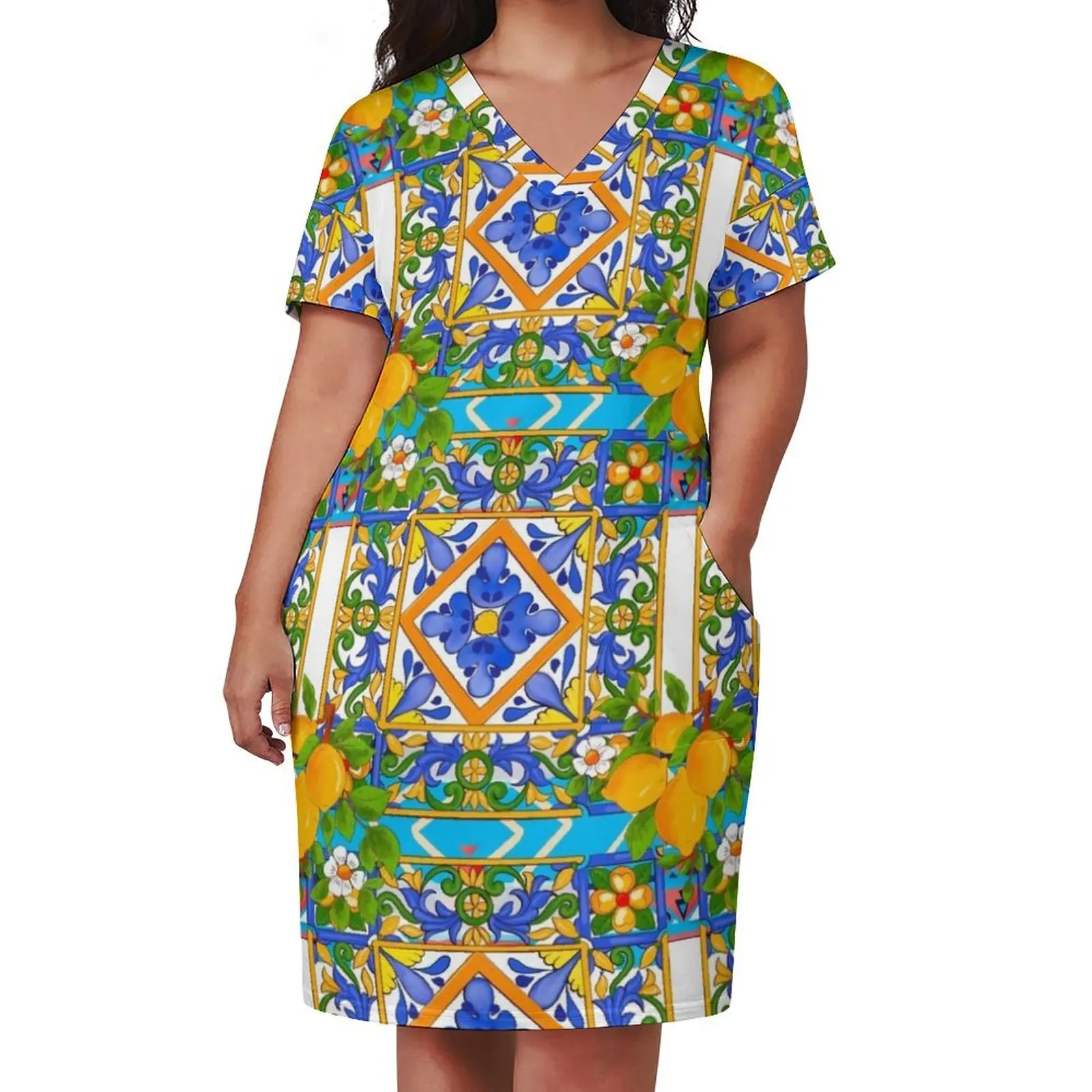 Summer ,Sicilian tiles ,citrus,lemons ,majolica Mediterranean Loose Pocket Dress summer dress daily prom clothes Clothing female