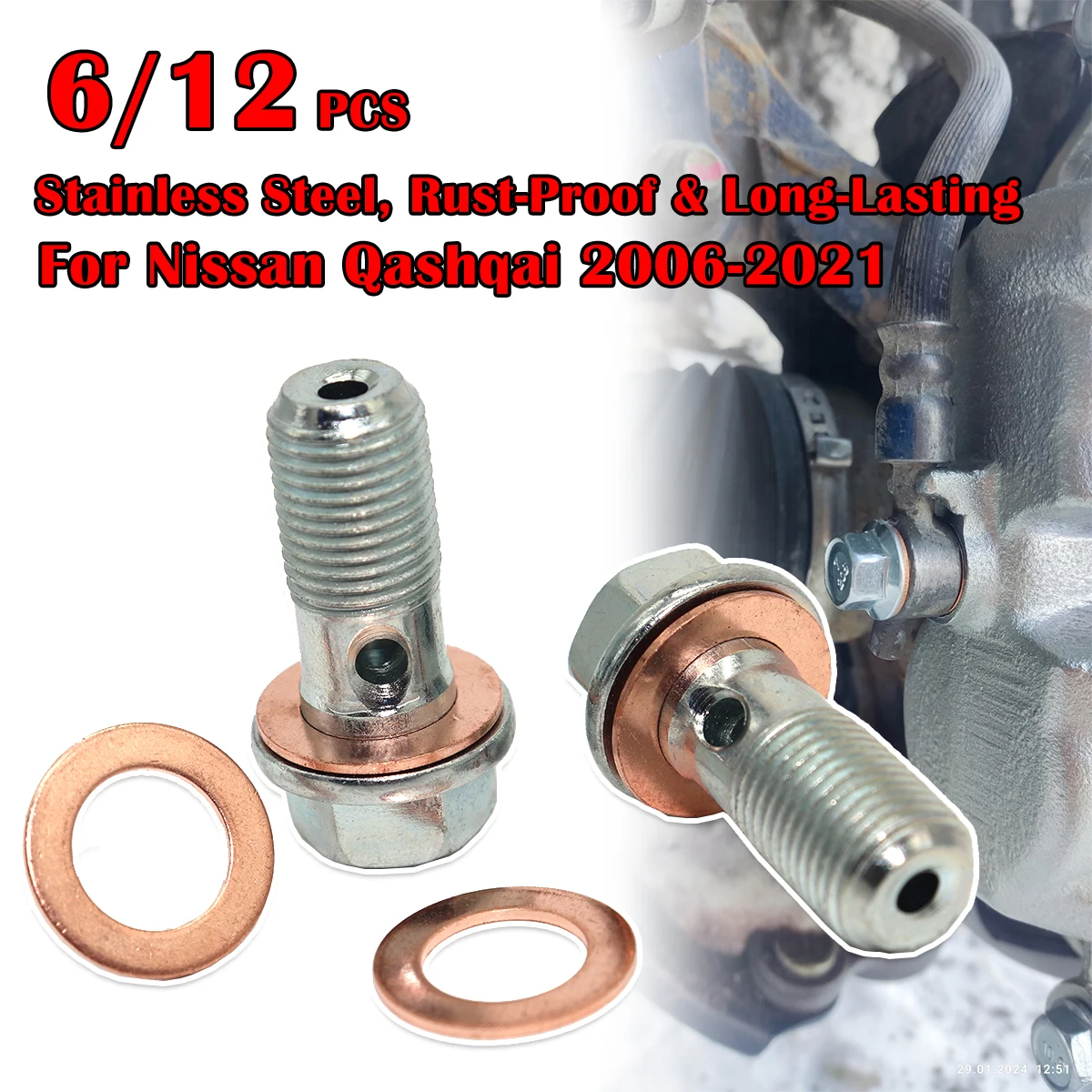 6/12pc For Nissan Qashqai Left Right Front Caliper Hose Lines Banjo Fittings Bolts Copper Sealing Crush Washers 2006 2007-2021