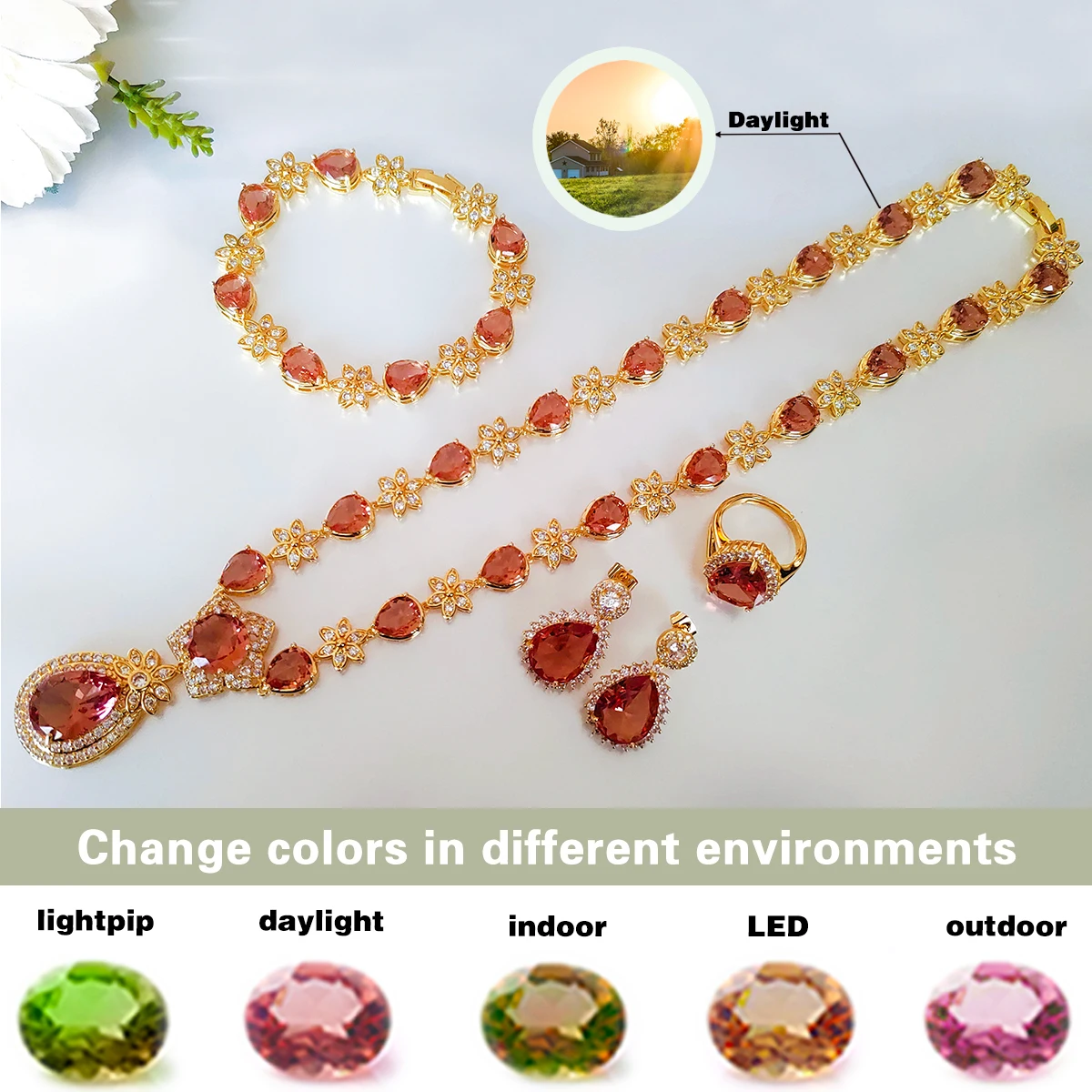 Color-changing Sultanite pear stone ring earrings bracelet necklace Jewelry Set elegant women change color in different light