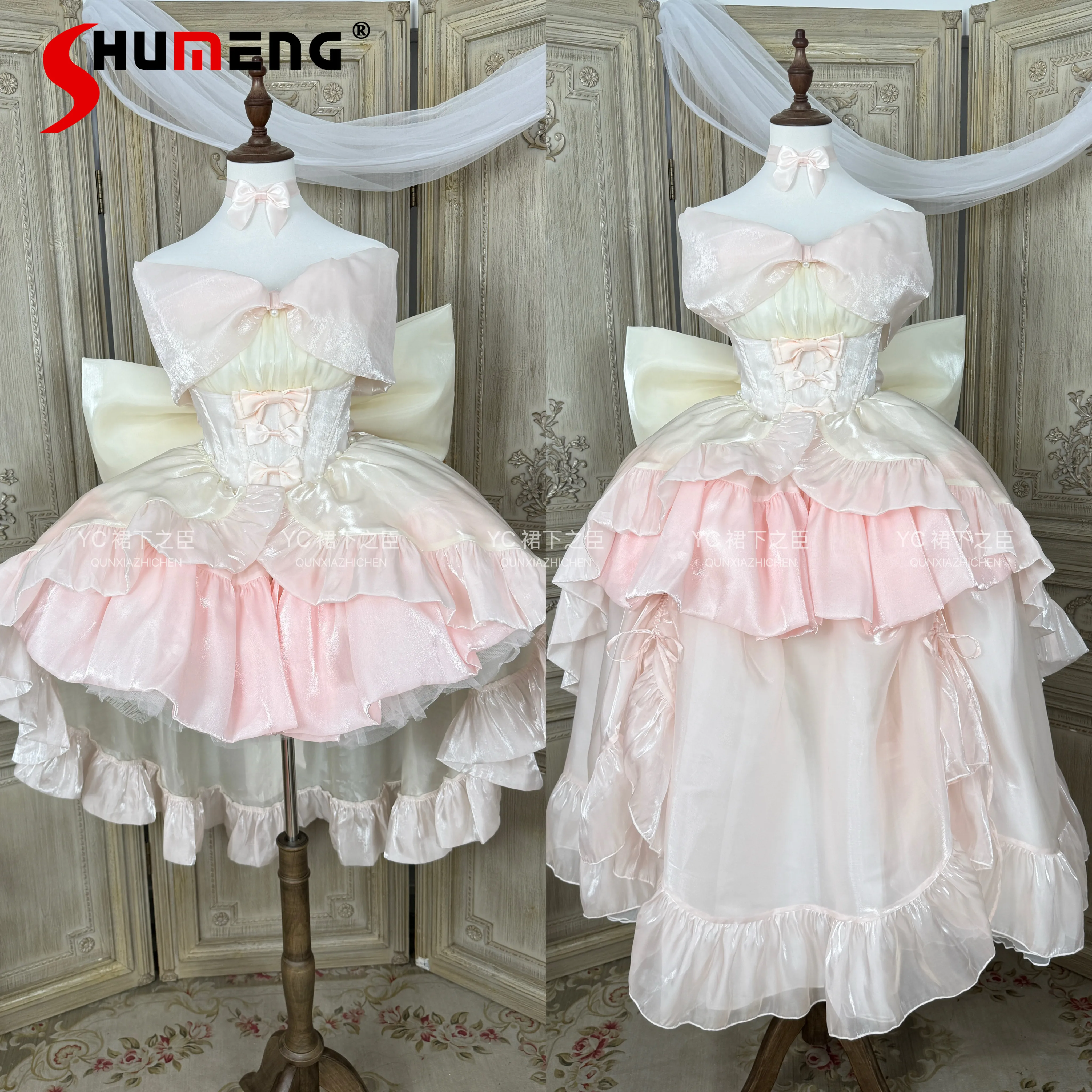 

Birthday Party Pink Lolita Dress for Women Spring and Summer Cute Girls Women's Slim Big Bow Trailing Princess Dress Ball Gown