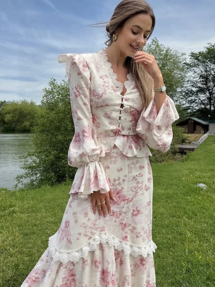 

Elegant Printed Ruffles Mermaid Long Skirts Sets Women V-neck Flare Sleeve Shirts Hip Package Skirt 2025 Summer Lady Holiday Set