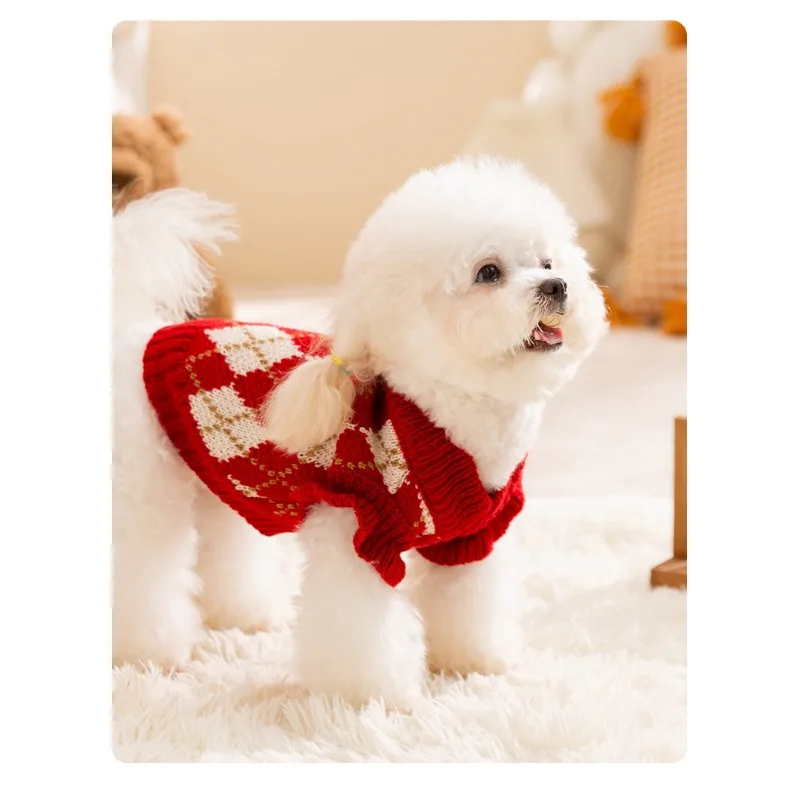 Pet Dog Sweaters for Small Dogs Winter Dog Clothes Cherry Print Puppy Knitted Pullovers Plaid Cat Sweaters Chihuahua Pet Clothes