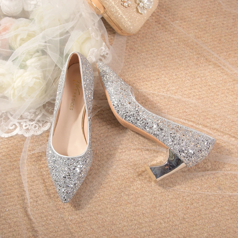 2023 New Single Shoes Women\'s Spring and Autumn Pointed High Heels Women\'s Shallow Mouth Thin Heels Crystal Sequin Wedding Shoes