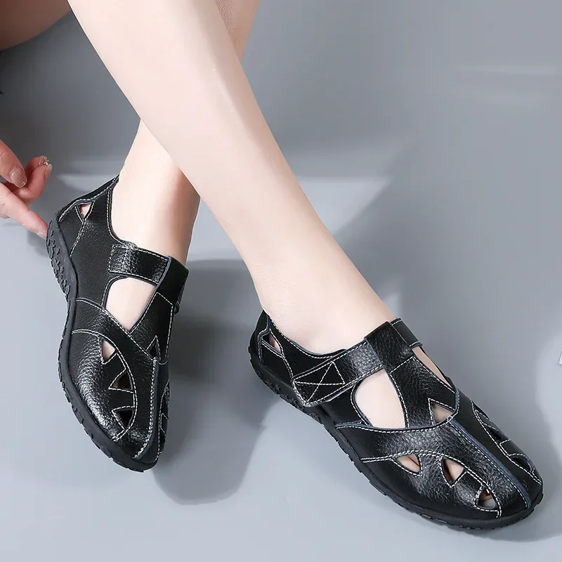 Summer Genuine Women\'s Sandals Leather Handmade Ladies Shoe Leather Sandals Women Flats Beach Shoes Retro Mother Shoes