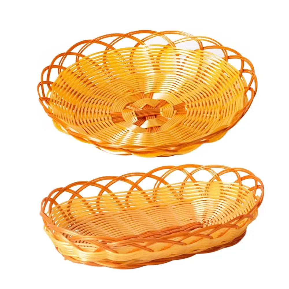New Plastic Imitation Rattan Basket Round Woven Food Plate Fruit Basket Breakfast Cake Snack
