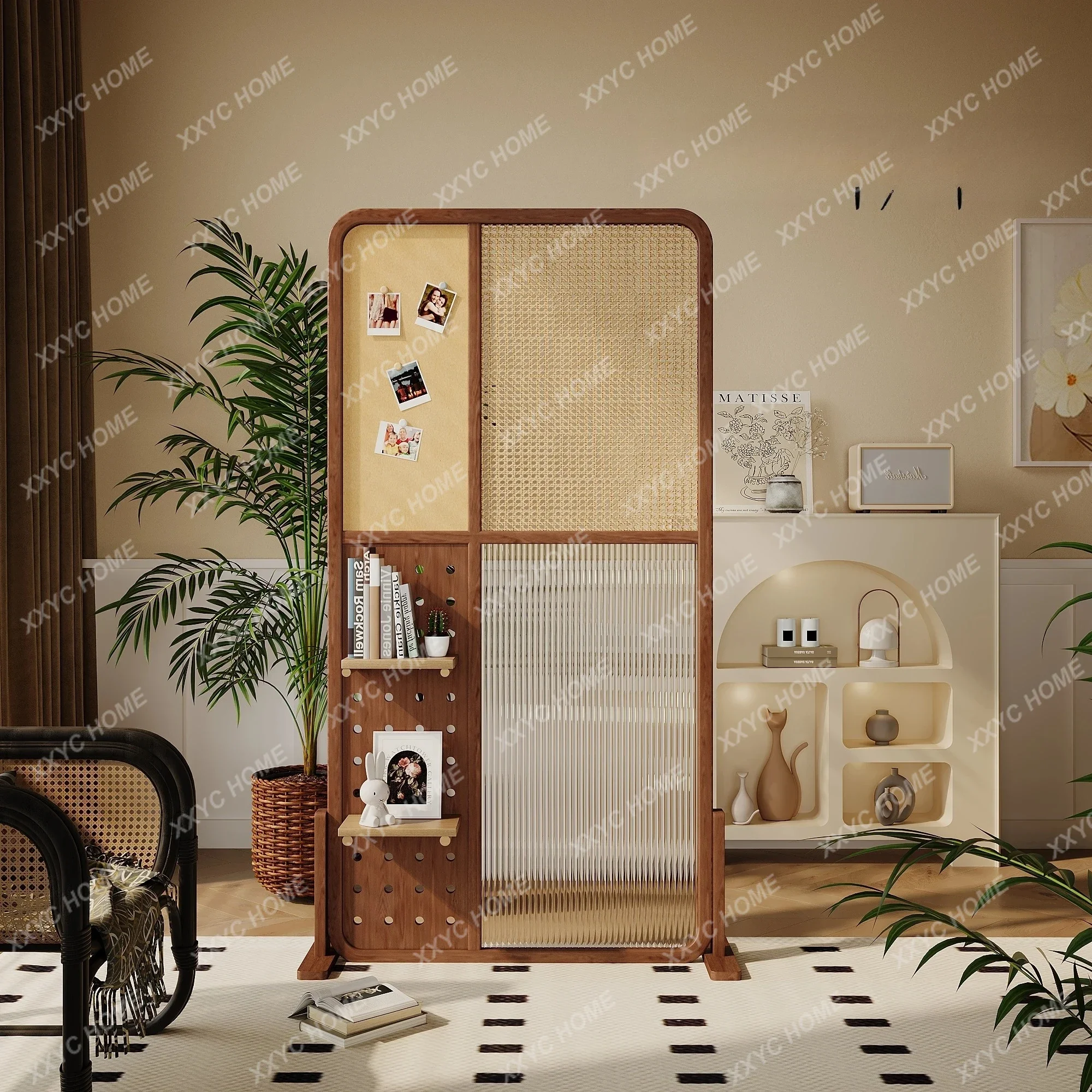 HMJSolid wood screen partition water pattern glass hole board rattan cherry shelf living room home entrance