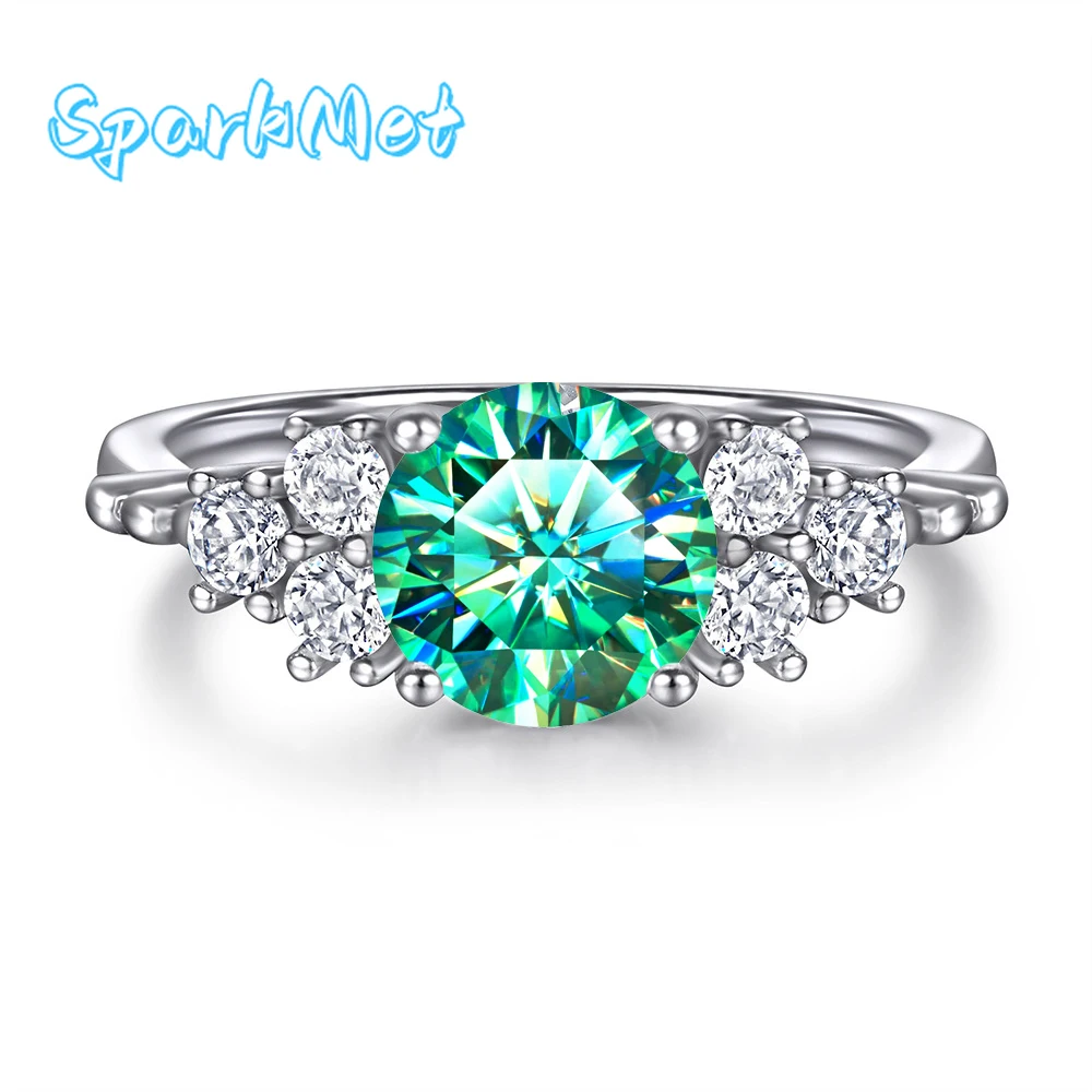 

SparkMet 100% настоящее 2-каратное бирюзовое кольцо с муассанитом и сертификатом, пройденное тестовое кольцо с бриллиантом, женское блестящее ювелирное изделие, подарок, серебро S925