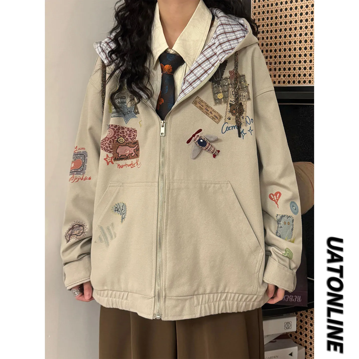 

UATONLINE2026 Spring American Retro Plaid Cartoon Print Hooded Women's Open Cardigan Sweatirt Street Sle Outerwear