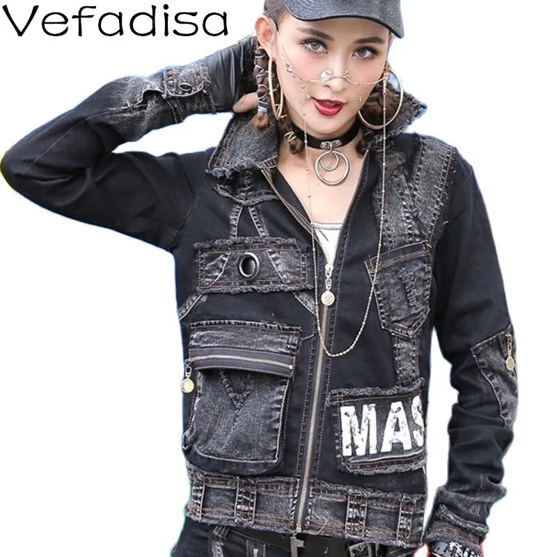 

Vefadisa 2024 Autumn New Black Personalized Women Denim Coat Lapel Long Sleeve Printed Patchwork Slim Denim Coat ZXY1096A