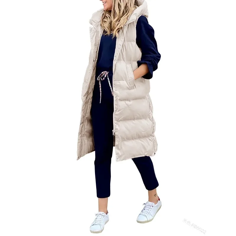 Chaleco grueso y cálido para mujer, Chaqueta larga sin mangas con capucha y cremallera, parka informal para invierno