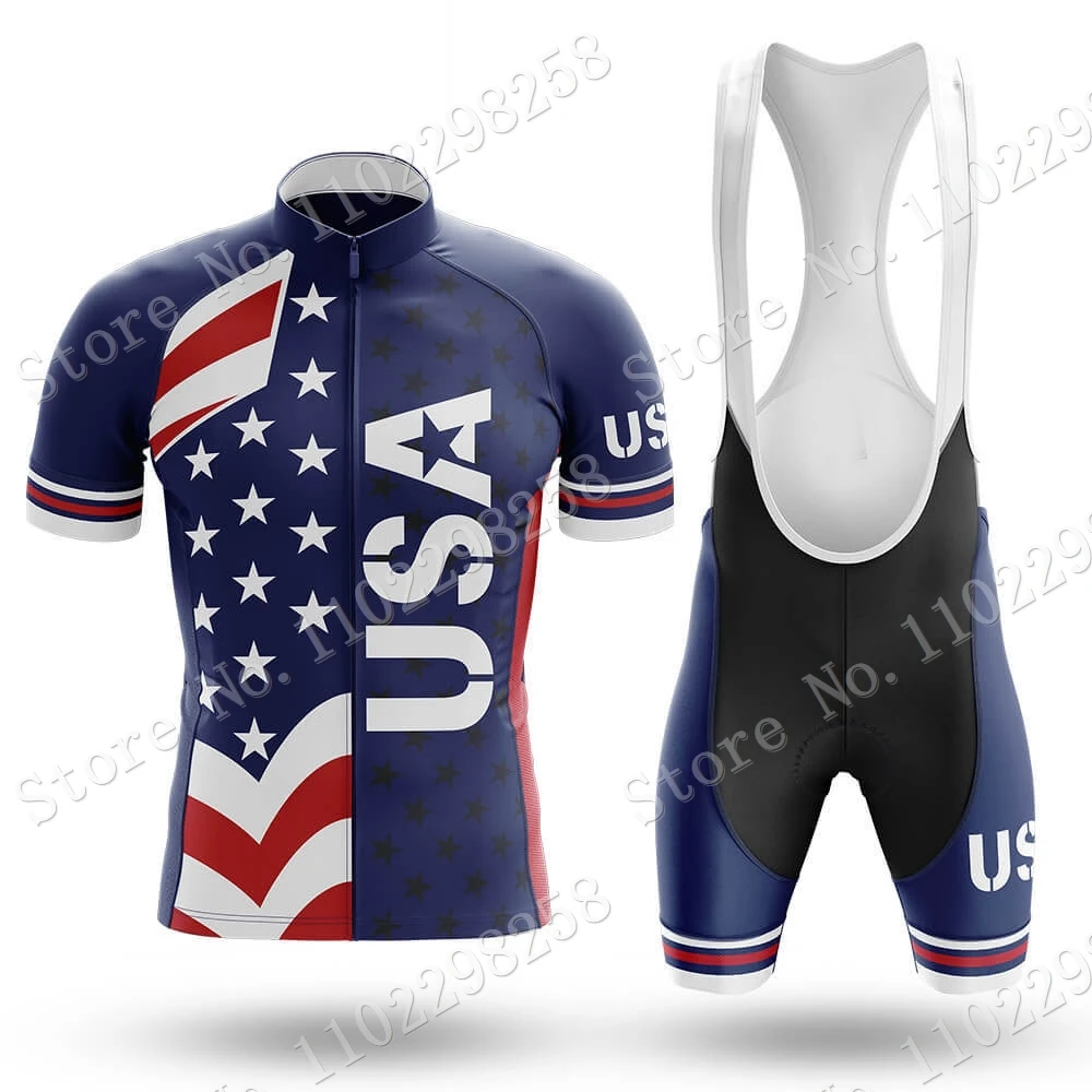 2024 USA Team National Cycling Jersey Set Blue Short Cycling Clothing Shirt Road Bike Suit Bicycle Bib Shorts MTB Ropa Maillot