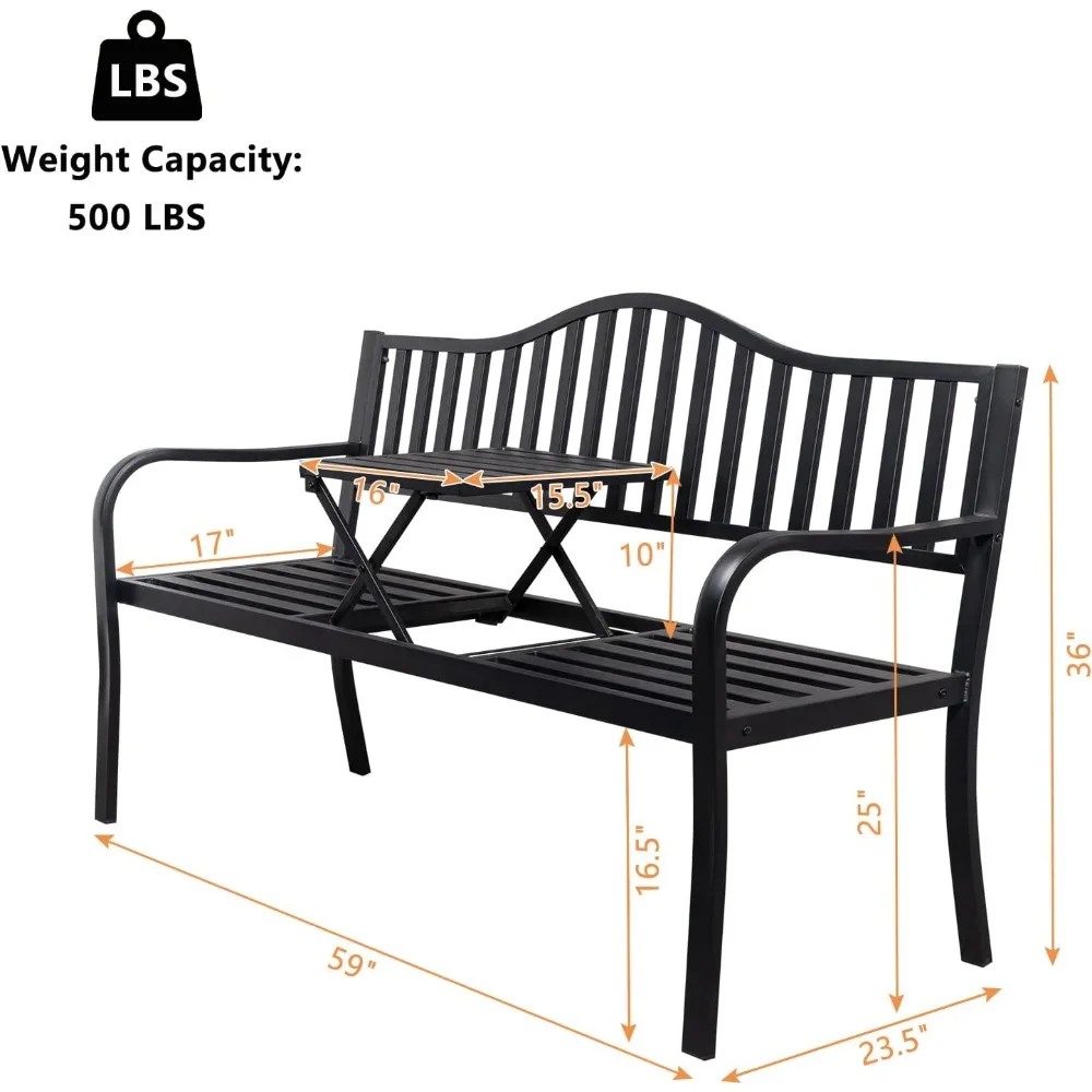 Banco de metal para exteriores de 59 pulgadas, banco de patio con mesa integrada, banco de parque, banco de jardín, bancos exteriores, porche frontal resistente a la intemperie