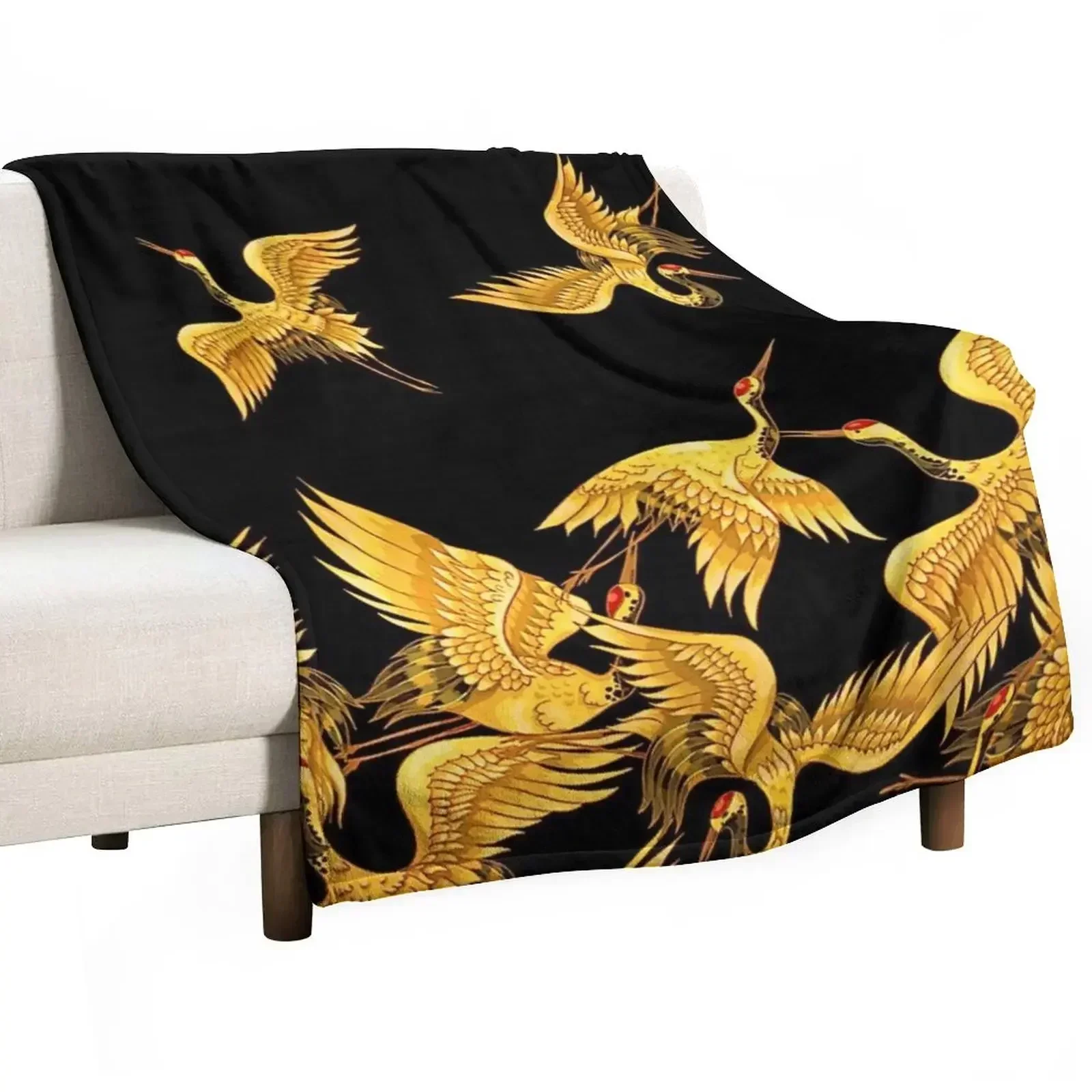 Golden Japanese Cranes Oriental Throw Blanket Tourist Decorative Sofas Retros Blankets