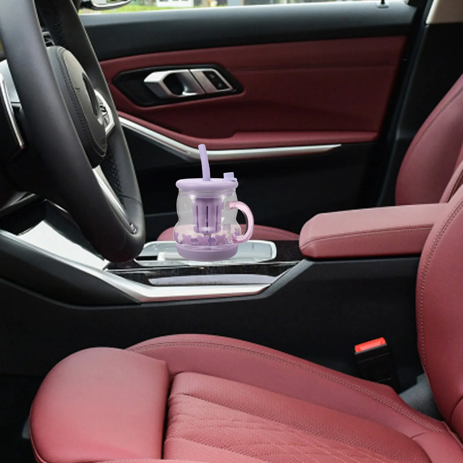 

Glass Tumbler Purple Clear With Handle Straw For Tea Coffee Milk Kids Women Aesthetic Mug Daily Use Travel Home Car Decor