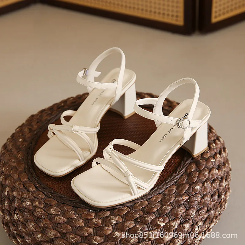 French High-heeled Sandals Women 2026 Summer New Style with A Single Strap, Middle Heel, and Open Toe Cross Sandals for Women