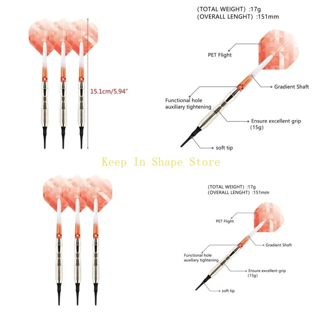 

U1JC 3PCS 17G Мягкий пластиковый наконечник железные бочки алюминиевый вал полета для ПЭТ безопасные мягкие дротики