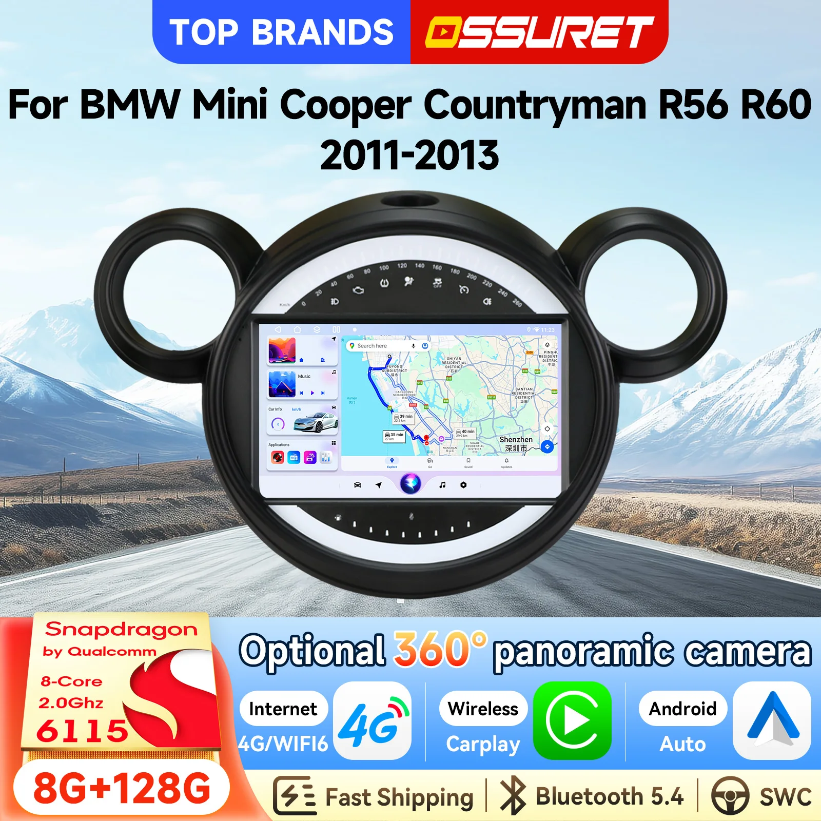 OSSURET Bestseller 2 Din 9 Zoll Android 15 GPS-Navigations-Autoradio für BMW Mini Cooper Countryman R56 R60 2011-2013 Head Unit CarPlay Android Auto SWC Octa Core DSP 4G Wifi RDS Bluetooth
