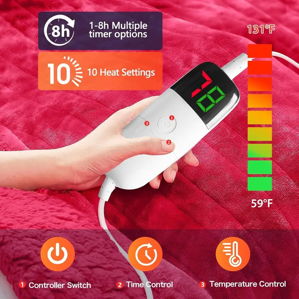 بطانية كهربائية من الفرو الصناعي، مؤقت 5 أوضاع و10 مستويات حرارية، 72 × 84 أحمر لدفء سرير الأريكة المريحة #4
