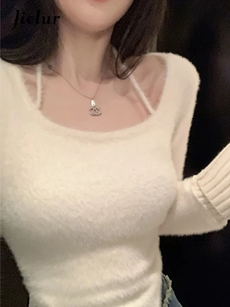 Jielur Autumn New Sweet Sexy Solid Color Pullovers Woman Casual Slim Knitted Pullovers Women White Fashion Street Chic Pullovers