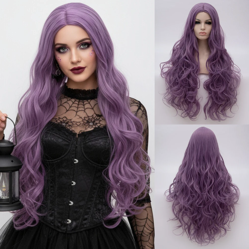

Высокотемпературный шелковый синтетический фиолетовый парик, длинный волнистый парик с полным покрытием головы для повседневной вечеринки, косплея