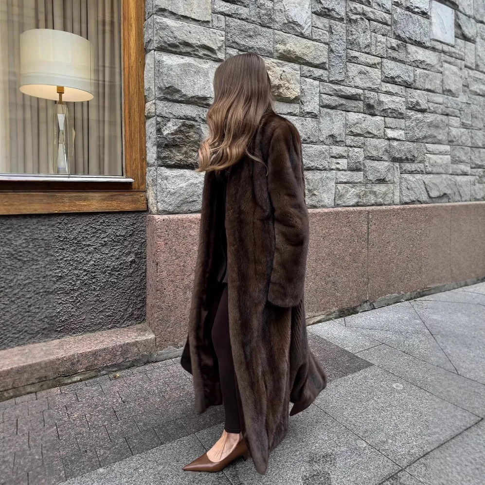 

KIDCRKJ Winter Women's Artificial Eco Fur Jacket Brown V-Neck Thermal Lady's Faux Fur Coat Chic Long Floor Length Fur Coat Mink