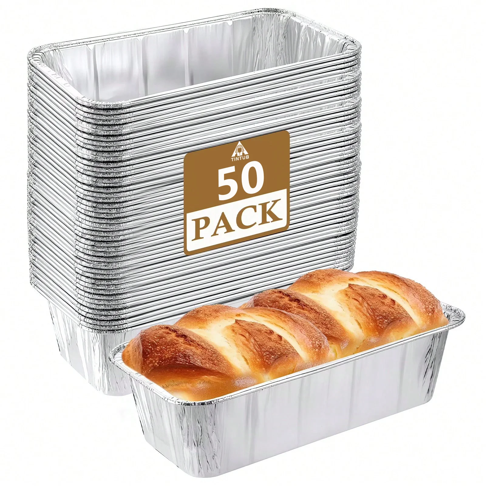 Aluminum Foil Heavy Duty - アルミ製ミニ食パン型50個入り。1ポンド（約450g）の重厚な使い捨て食パン型。厚手のアルミホイル製で、お菓子作り、食品の保存、持ち帰りなどに最適。