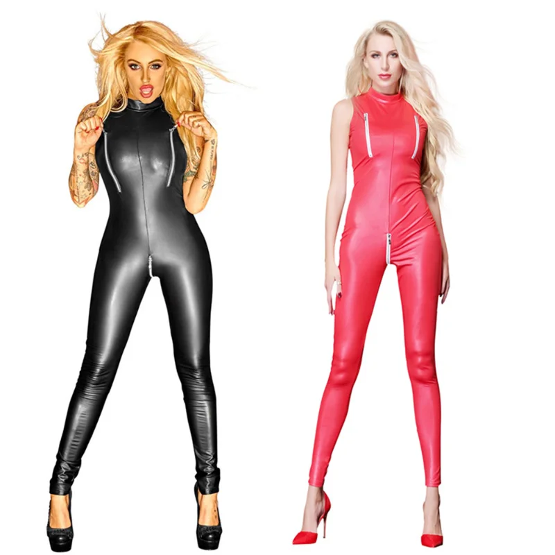 Faux Leather Catsuit Zipper Open Crotch and Cup Zentai Suit Costume Jumpsuit Bodysuits Spandex Sexy Erotic Fetish Wear Red Black