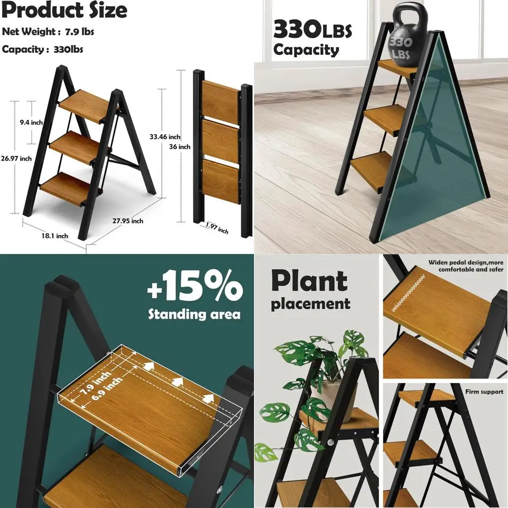 Escalera plegable de aluminio de 3 escalones con peldaños antideslizantes, capacidad de 330 lb, adecuada para el hogar, la cocina, la oficina - Diseño de madera negra