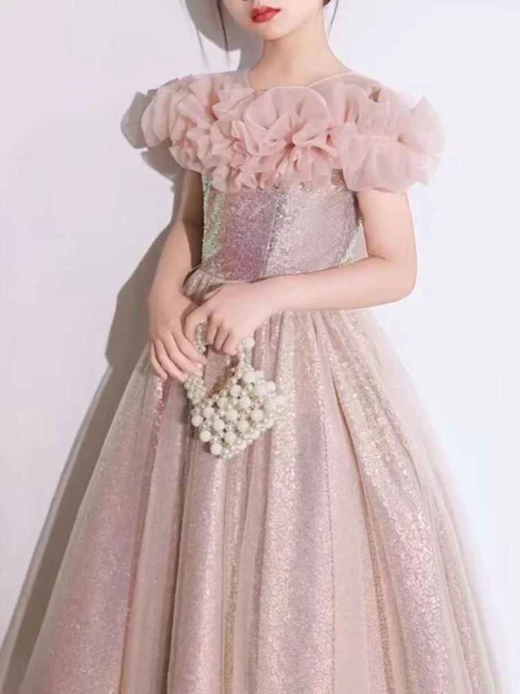 Customized Sequined Elegant Temperament Flower Girls Dresses Pleated One Shoulder Design Kids Birthday Party Robe Ball Gown Prin