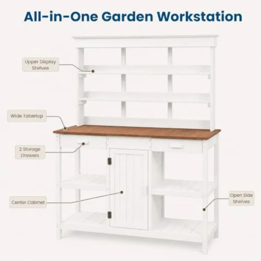 Outdoor Wooden Potting Bench Table, Large Garden Workstation with 2 Drawers, Storage Cabinet and Open Shelves, Fir Wood Potting