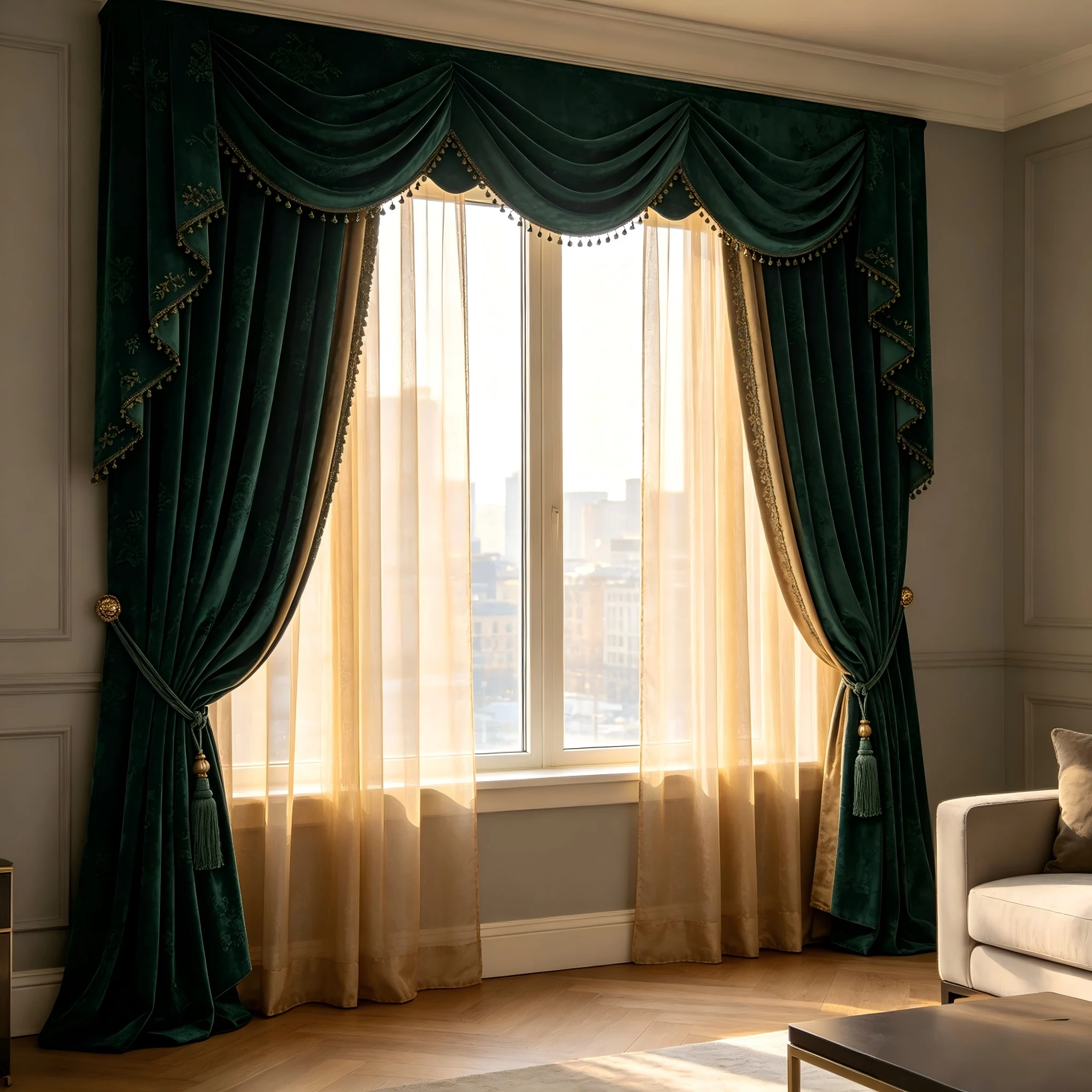 200282   Emerald velvet dark pattern+light gold gauze curtain curtain